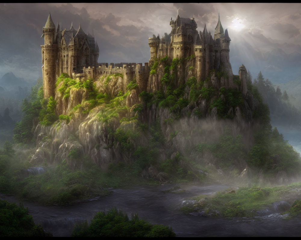 Fantastical castle on waterfall cliff in misty forest twilight