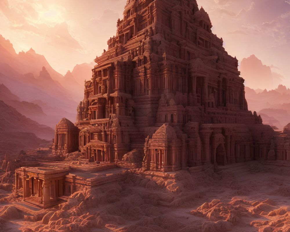 Ornate desert temple complex with towering rocks at dusk