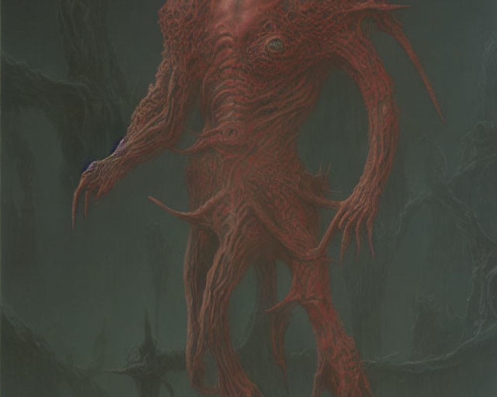 Giant red alien creature with tentacles and one eye in murky landscape