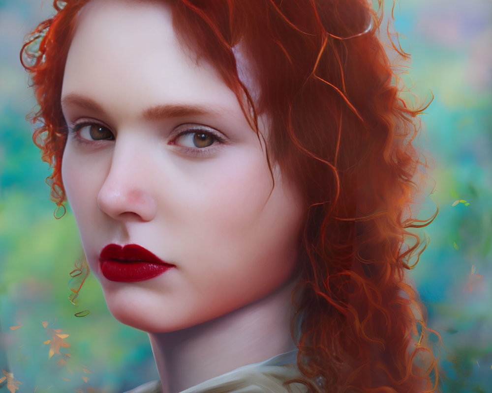 Fiery red curly-haired woman portrait on multicolored background