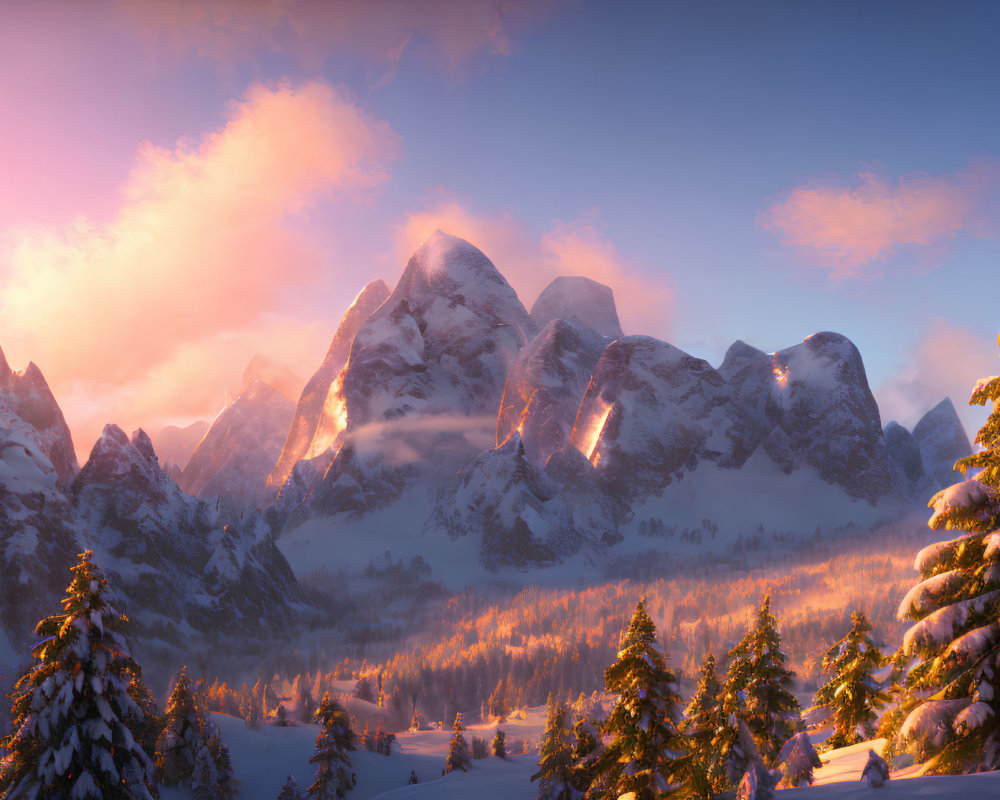Scenic snow-covered mountains at sunrise with warm light, pine trees, and pink sky