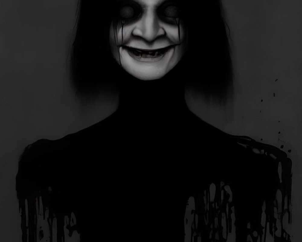 Sinister black and white figure with creepy grinning face