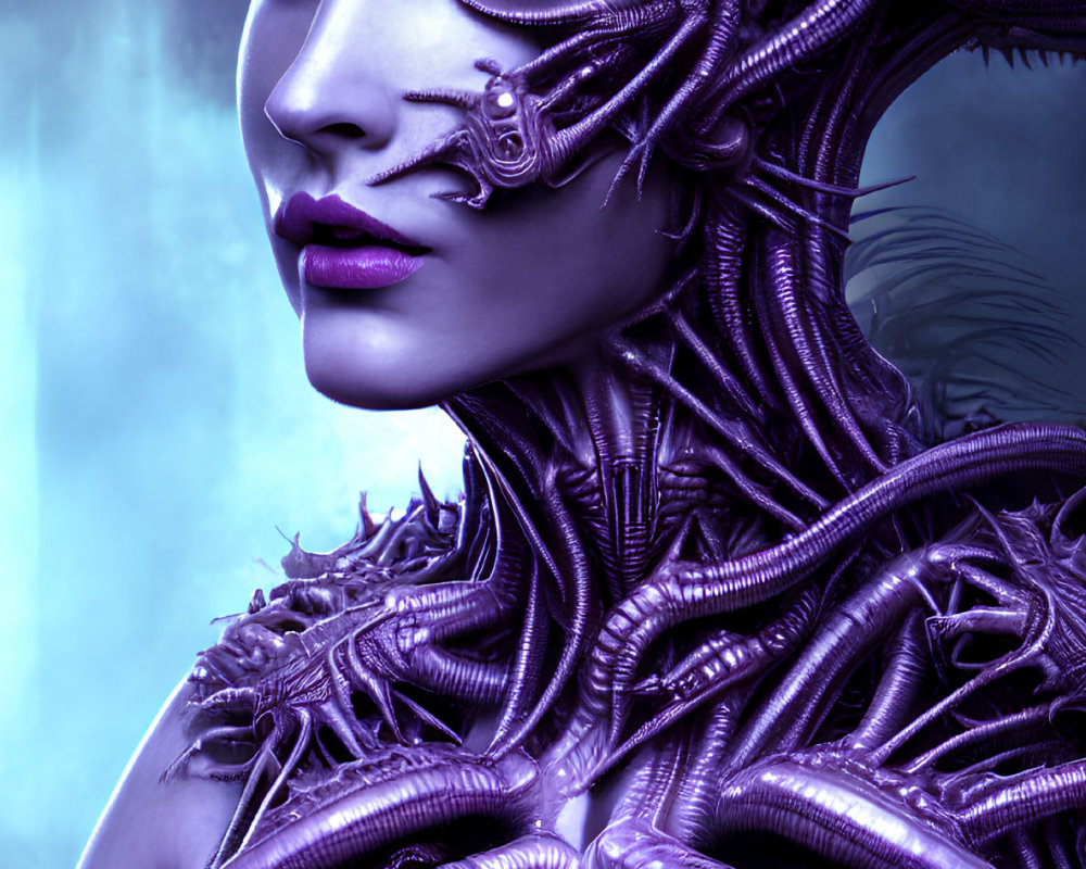 Violet-skinned female figure with cybernetic enhancements and metallic tentacles.