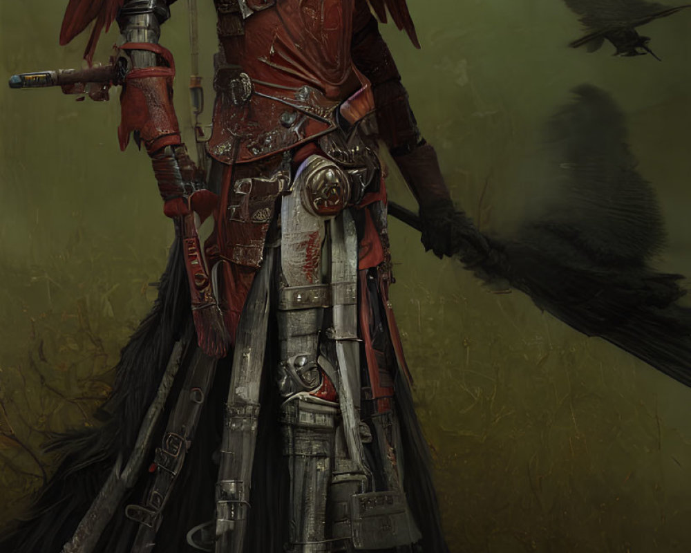 Warrior in Red Armor with Bird-Like Helmet Surrounded by Crows