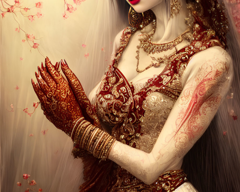 Detailed illustration of woman in ornate traditional attire with gold jewelry, surrounded by pink blossoms.