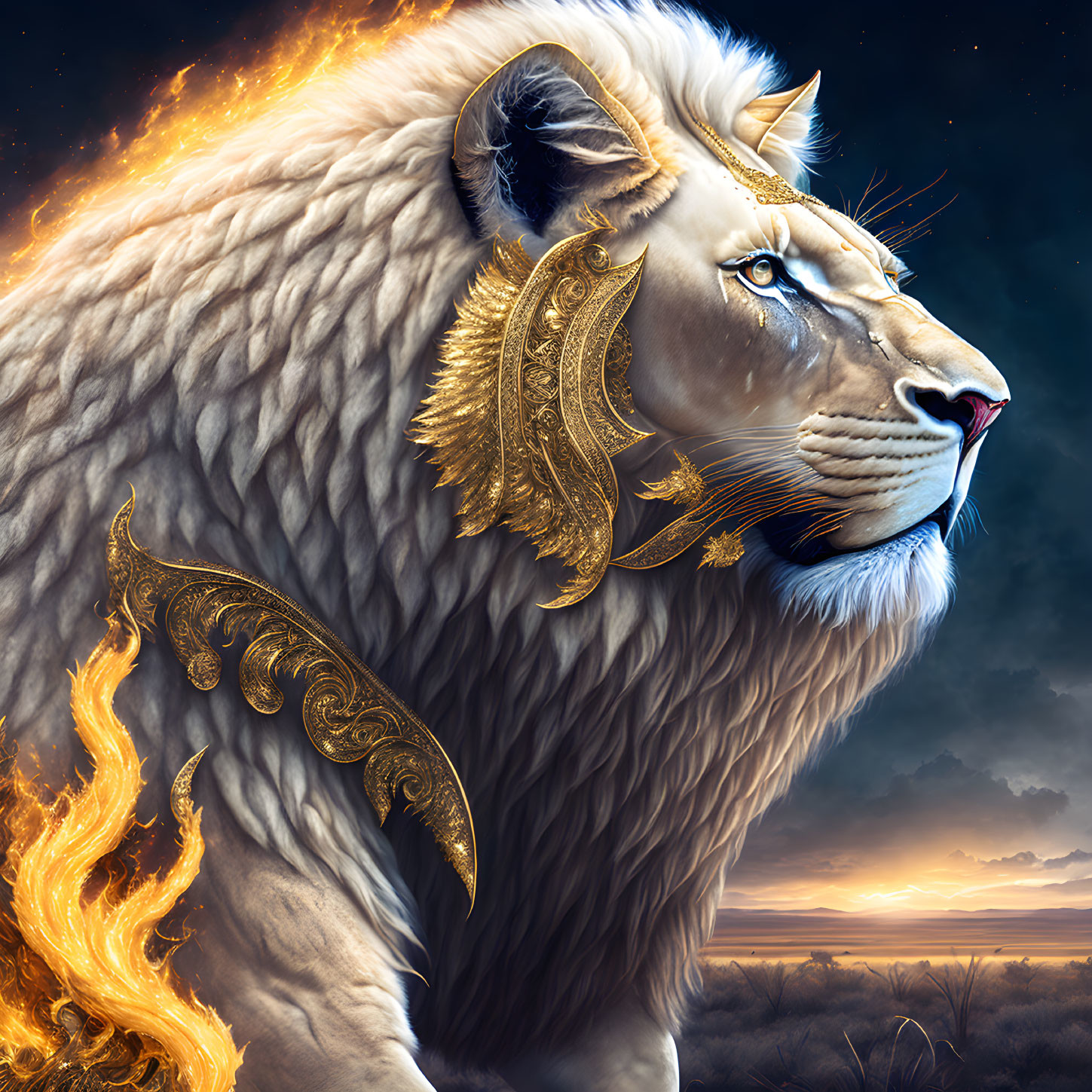 Majestic lion illustration with fiery mane and gold accents on savanna backdrop