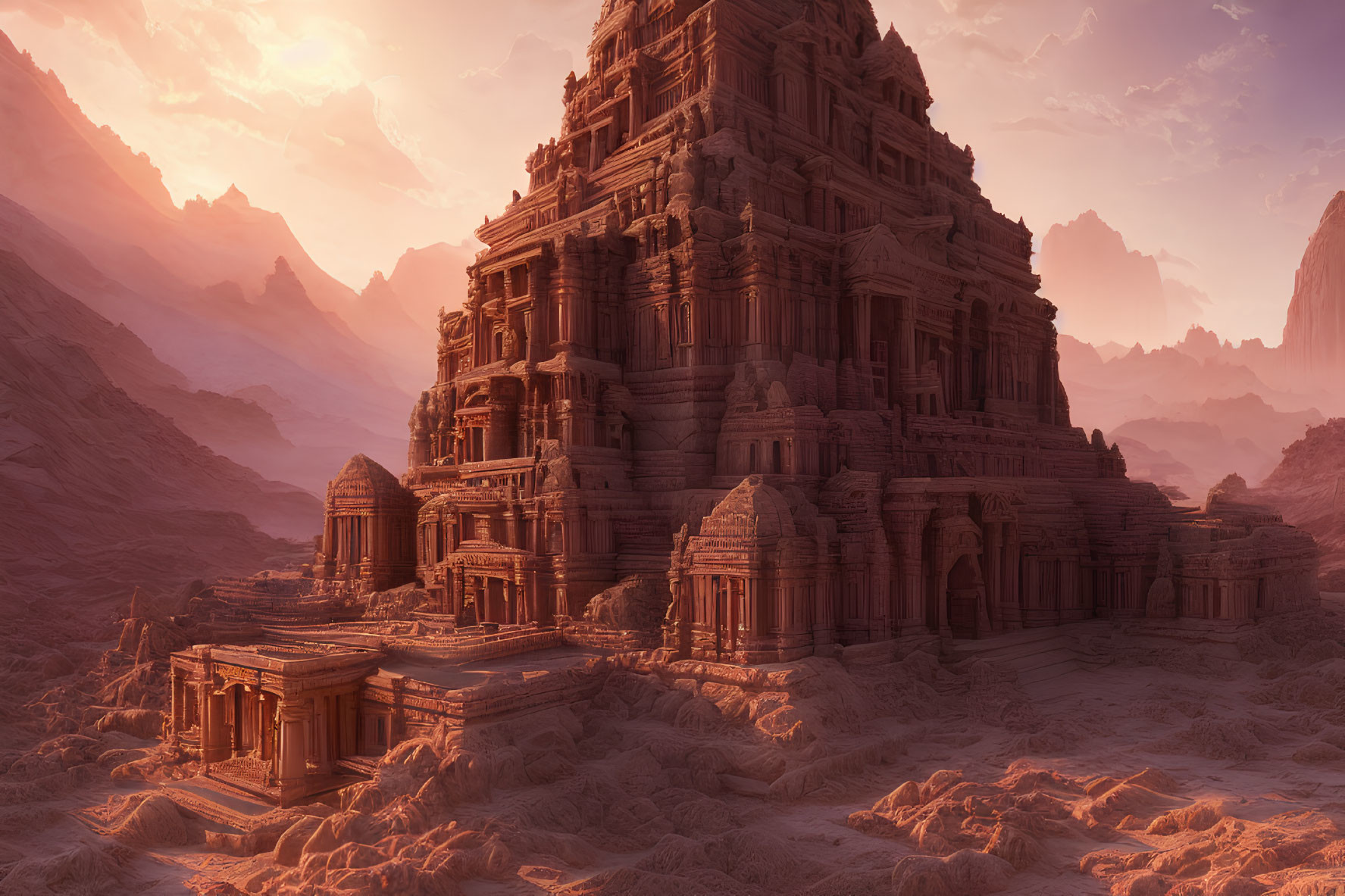 Ornate desert temple complex with towering rocks at dusk