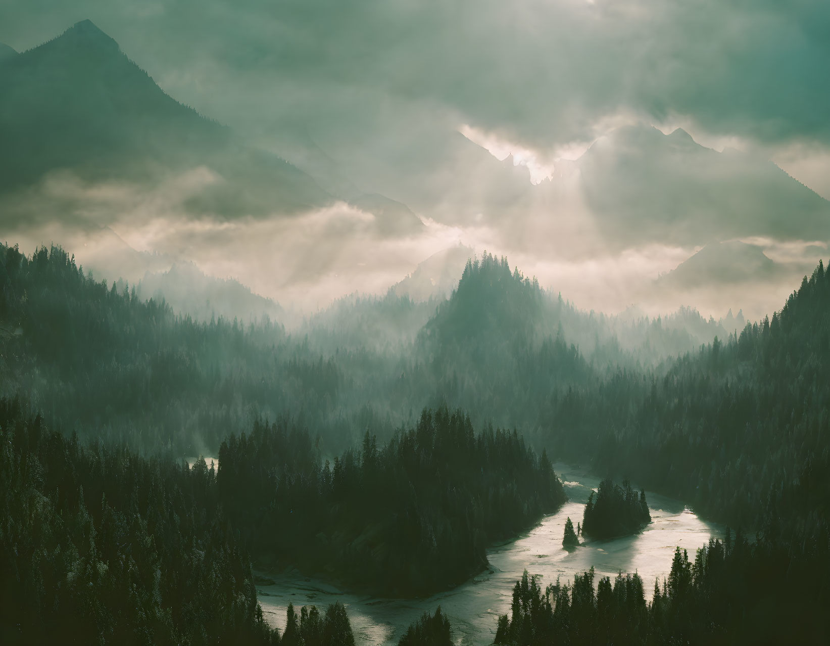Mystical landscape with sunlight rays, forest mountains, and winding river