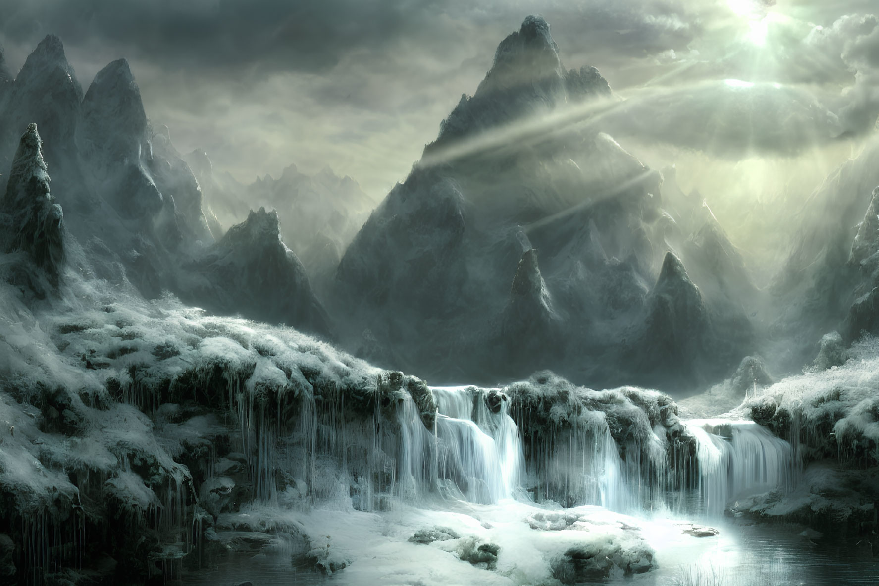 Mystical snowy landscape with mountains, waterfalls, ice formations, and sunlight rays