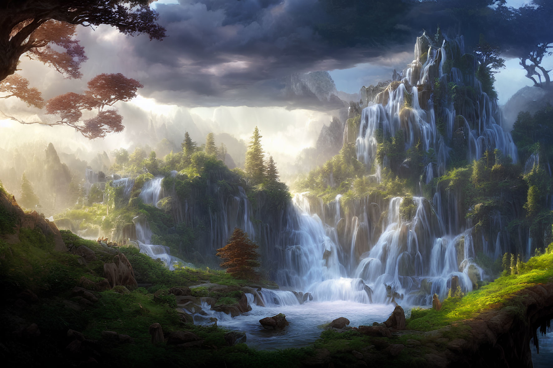 Majestic fantasy landscape with cascading waterfalls in lush greenery