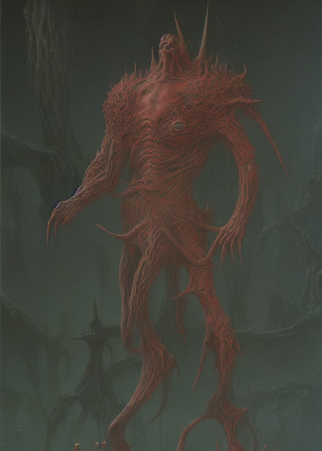 Giant red alien creature with tentacles and one eye in murky landscape