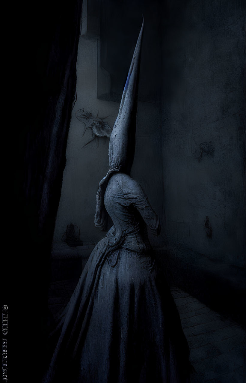 Mysterious Figure in Long Dress and Conical Hat in Dimly Lit Alleyway