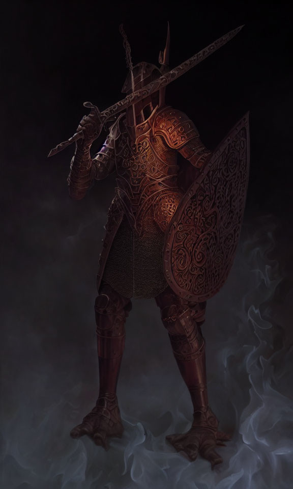 Knight in Ornate Armor Wielding Sword Amidst Mist