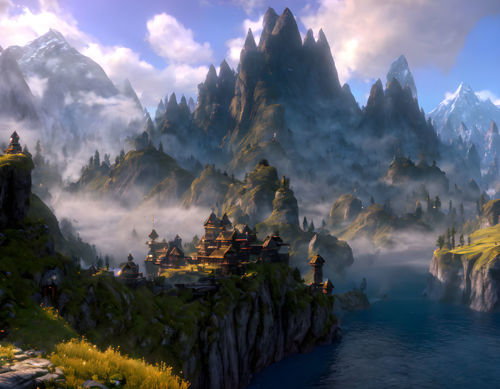Fantasy landscape: Village in misty mountains at sunrise
