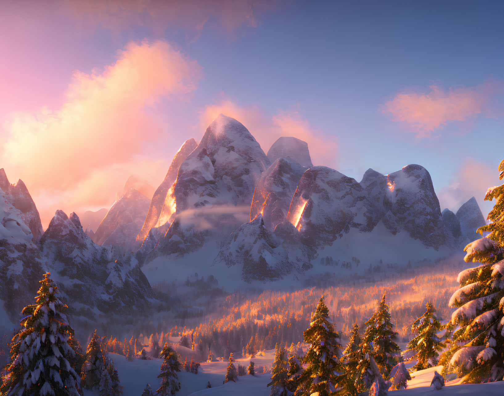 Scenic snow-covered mountains at sunrise with warm light, pine trees, and pink sky