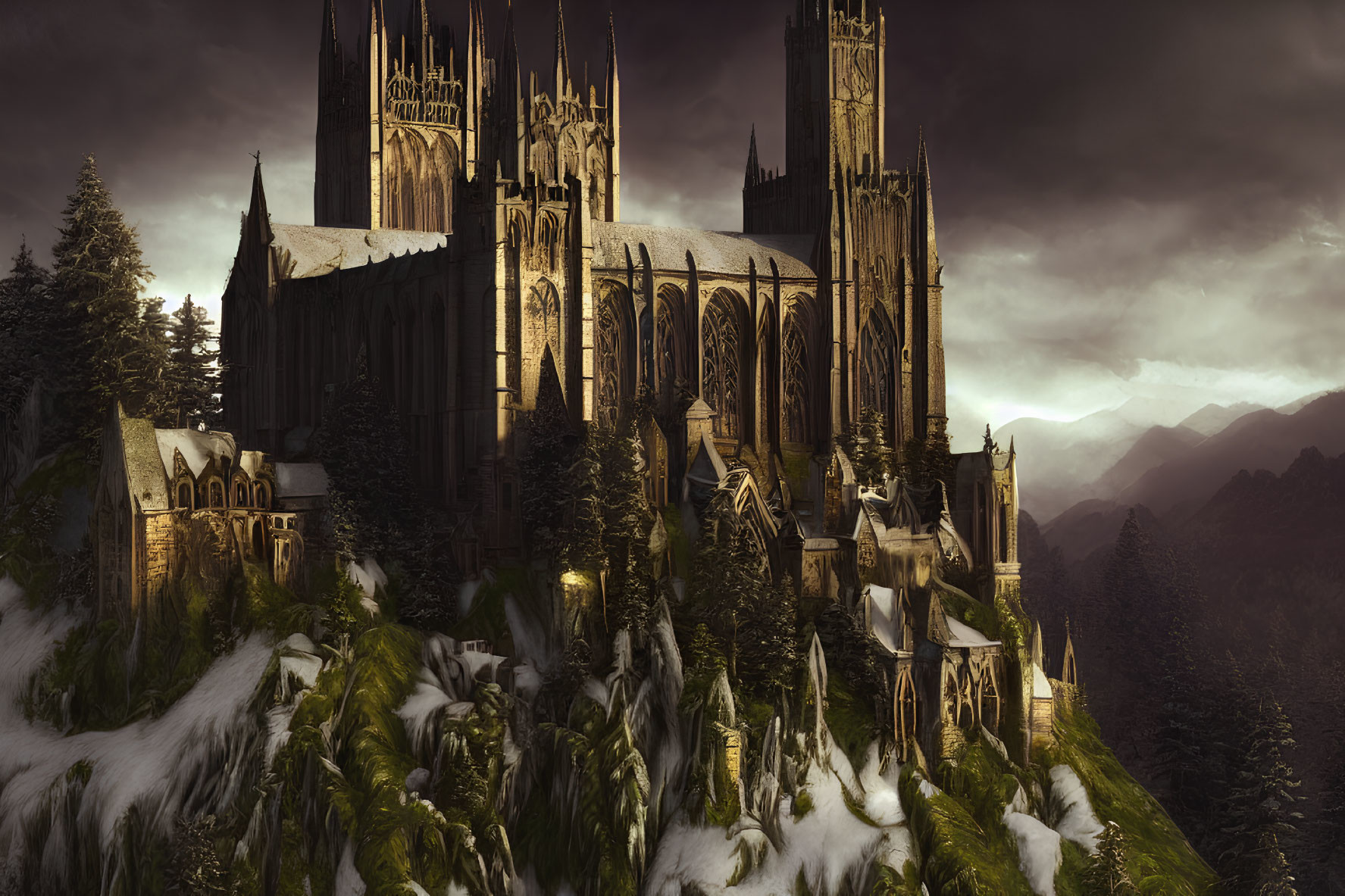 Gothic Cathedral on Forested Hillside with Snow Patches
