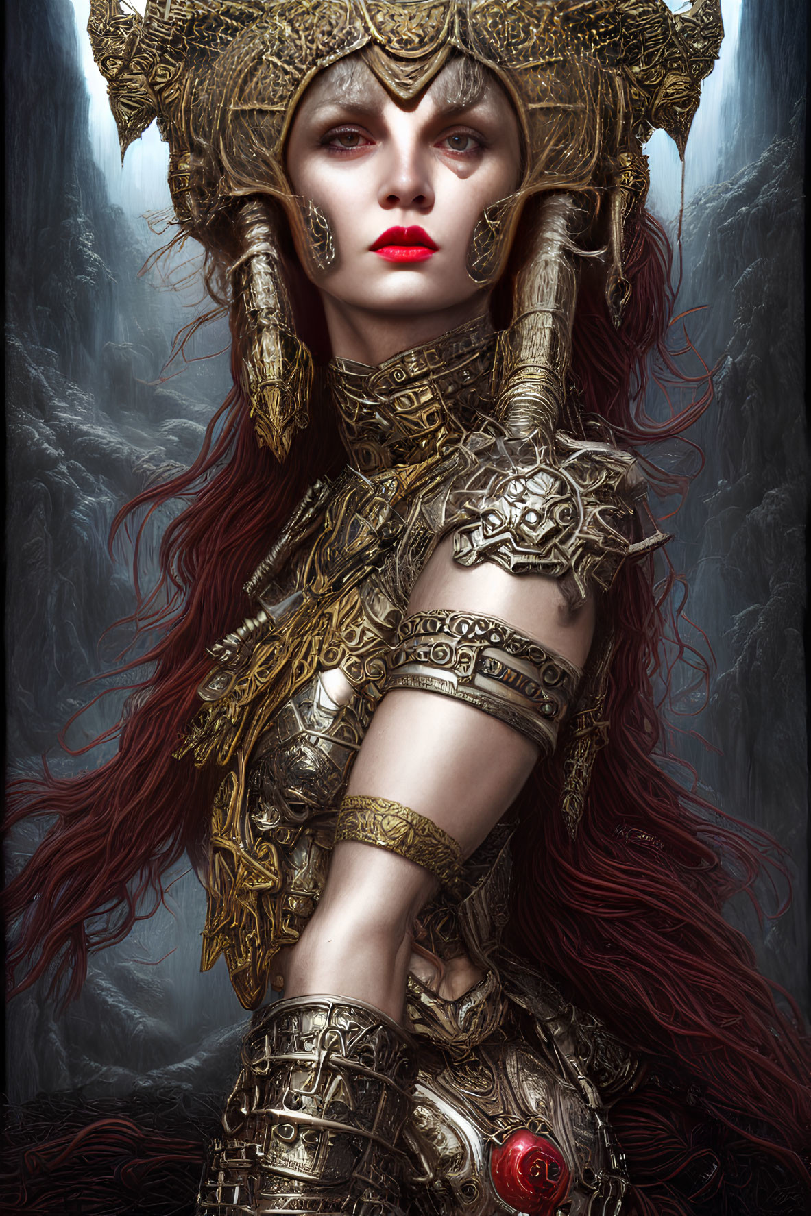 Female character in golden armor with red hair against misty backdrop