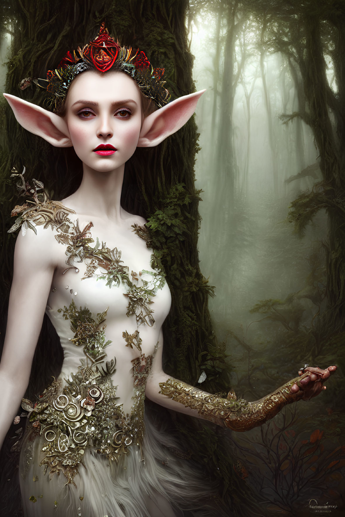 Elf with Pointy Ears in Crown and Red Rose, Forest Setting