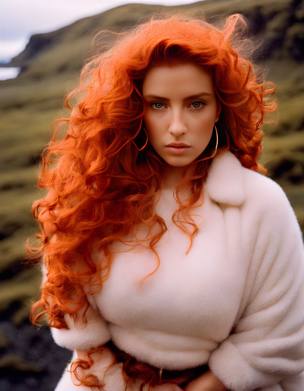 Red-haired woman in white fluffy jacket with blue eyes outdoors.