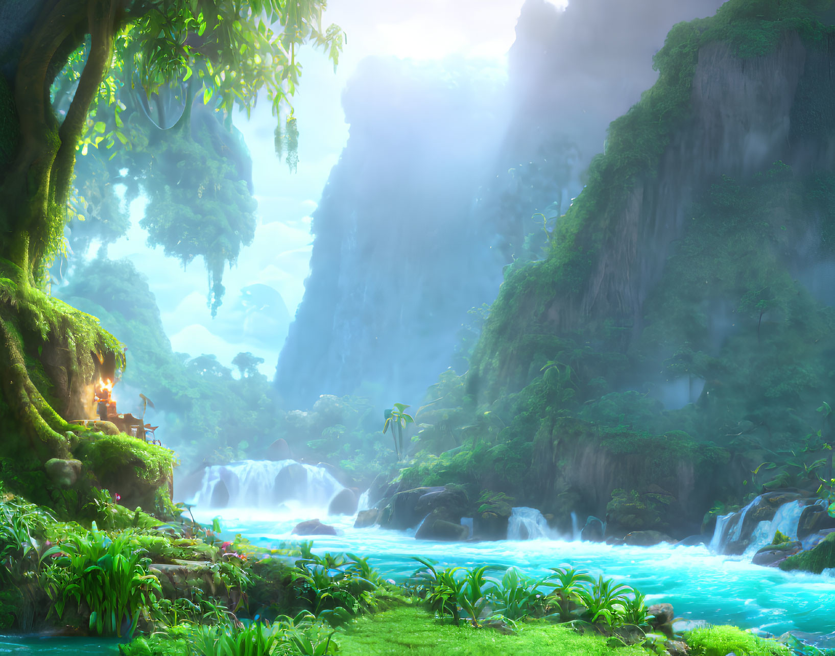 Fantasy landscape with waterfall, greenery, mist, hut, tree, sunlight