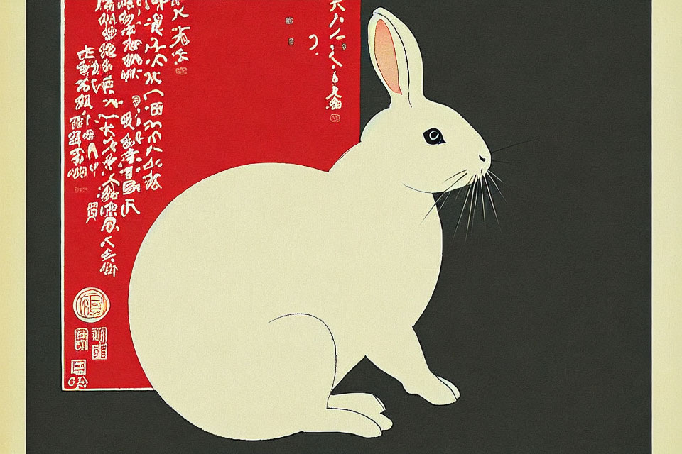 Traditional Japanese-style white rabbit illustration on beige background with red and black Japanese text and seals