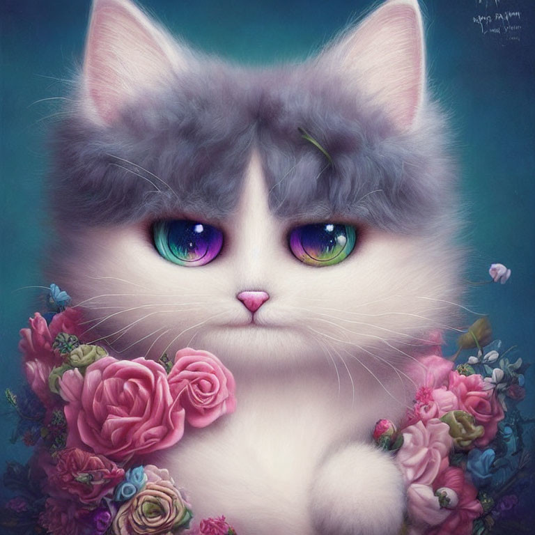 Whimsical fluffy cat with oversized violet and green eyes among vibrant roses
