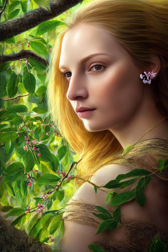 Portrait of woman with golden hair and blue eyes, butterfly on ear, surrounded by greenery and pink
