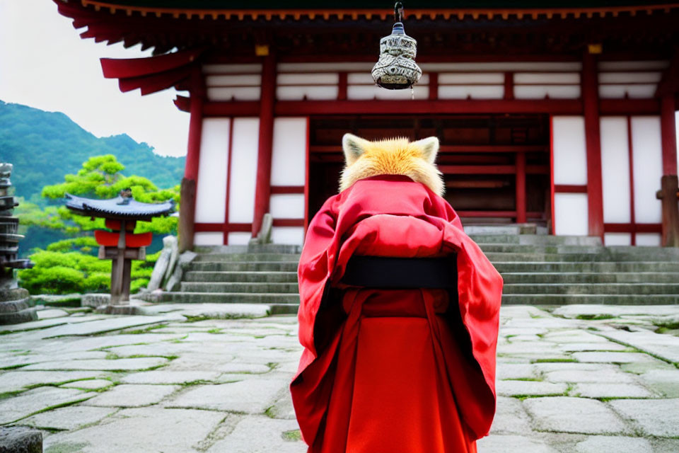 Person in red cloak with fox mask at Japanese temple with hanging bell