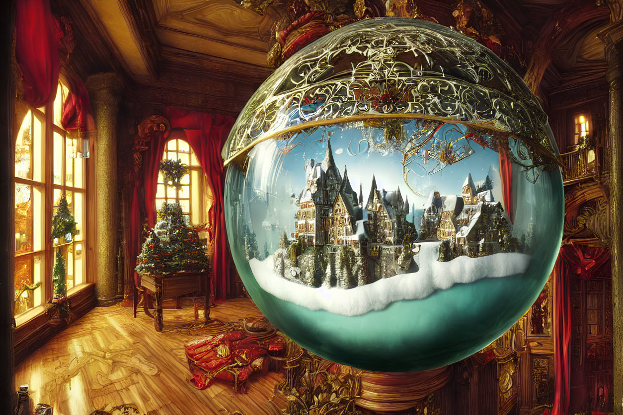 Glass sphere with snowy village scene in cozy Christmas room