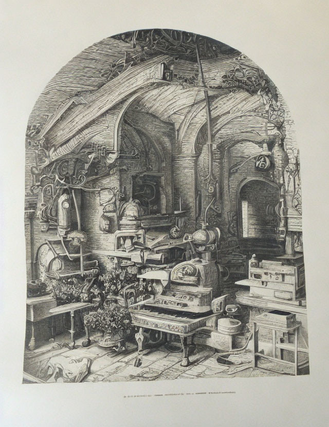 Detailed black and white illustration of a fantasy workshop with mechanical devices and crawling plants
