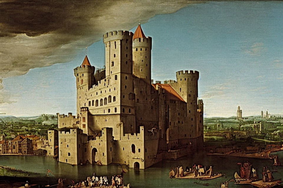 Renaissance-era painting of fortified castle in town landscape