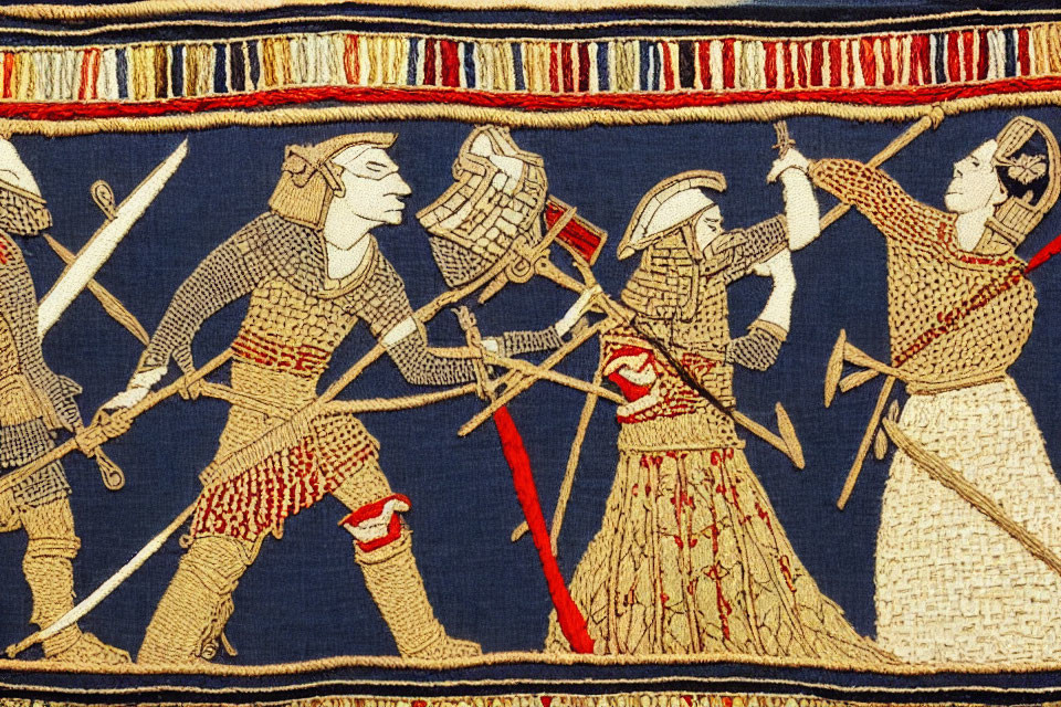 Medieval tapestry segment: Knights in chainmail armor fighting with swords.