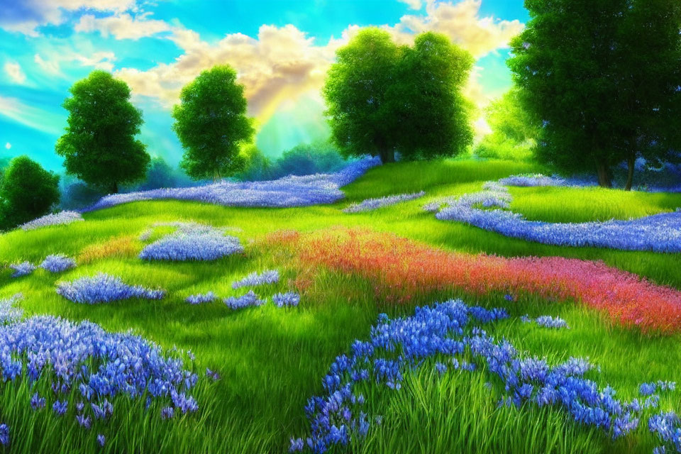 Colorful landscape with rolling green hills and vibrant flowers under sunny sky
