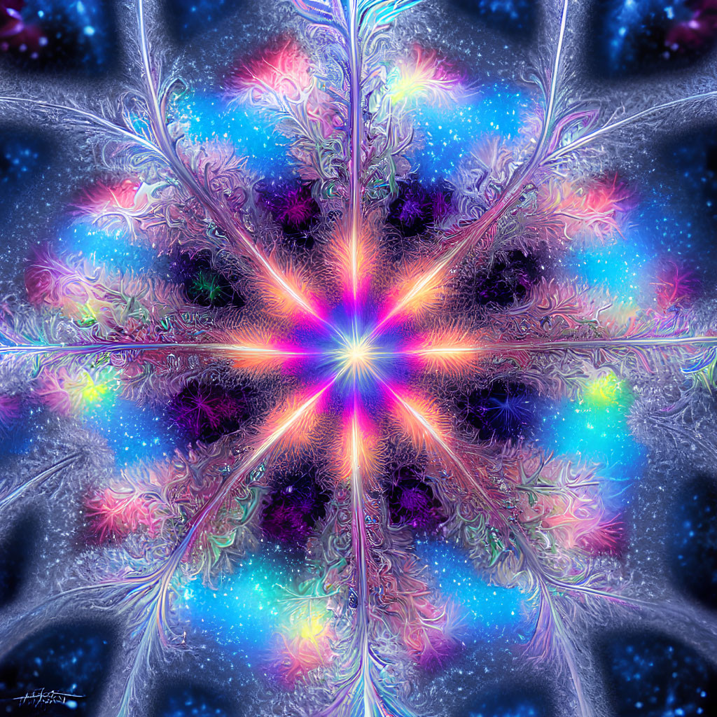 Symmetrical snowflake fractal with radiant light and multicolored details