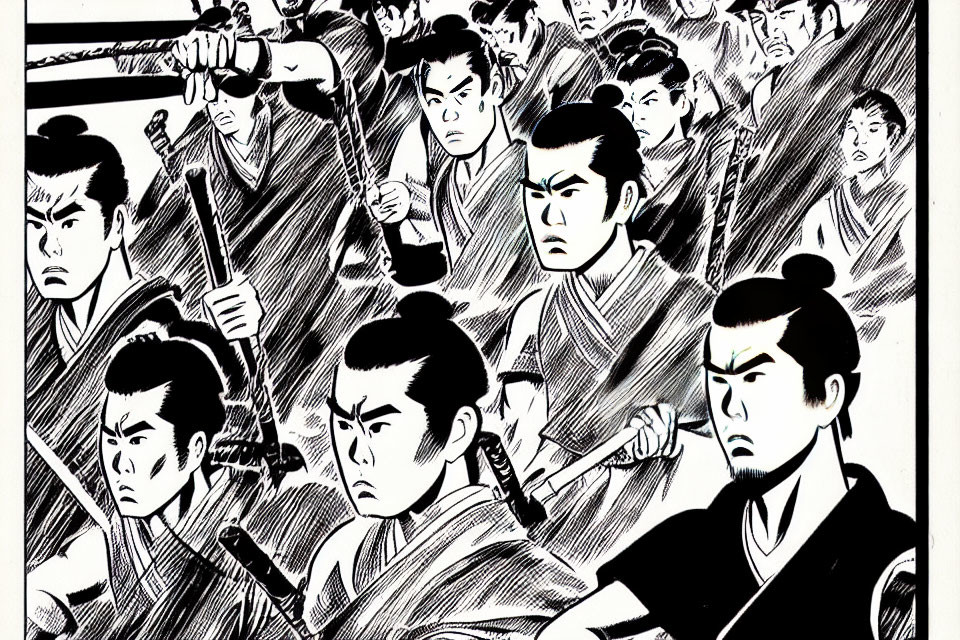 Detailed black and white samurai warriors illustration with swords and traditional hairstyles