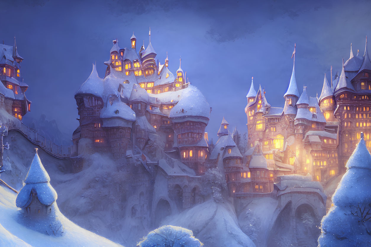 Snow-covered twilight castle on hill with glowing windows & turrets