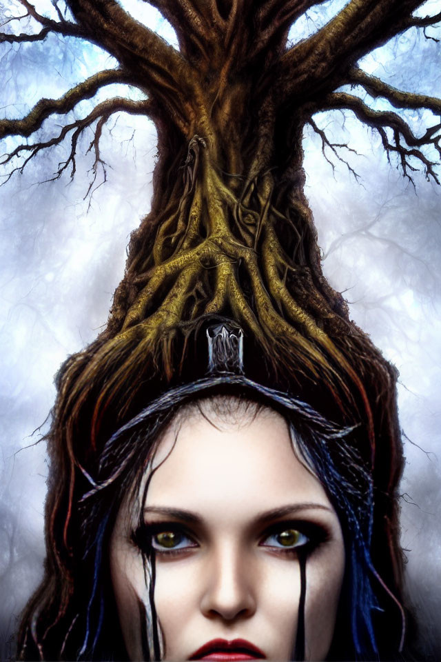 Tree merging with woman's face in misty background