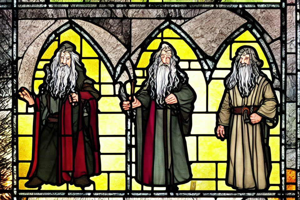 Medieval-style stained glass window with two bearded wizards in robes.