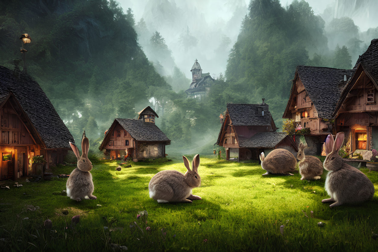 Mystical forest clearing with oversized rabbits and rustic cottages
