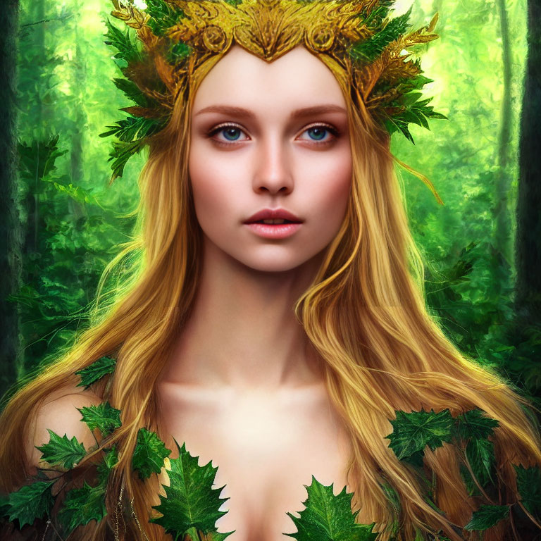 Portrait of Woman with Golden Hair and Leafy Crown in Lush Green Forest