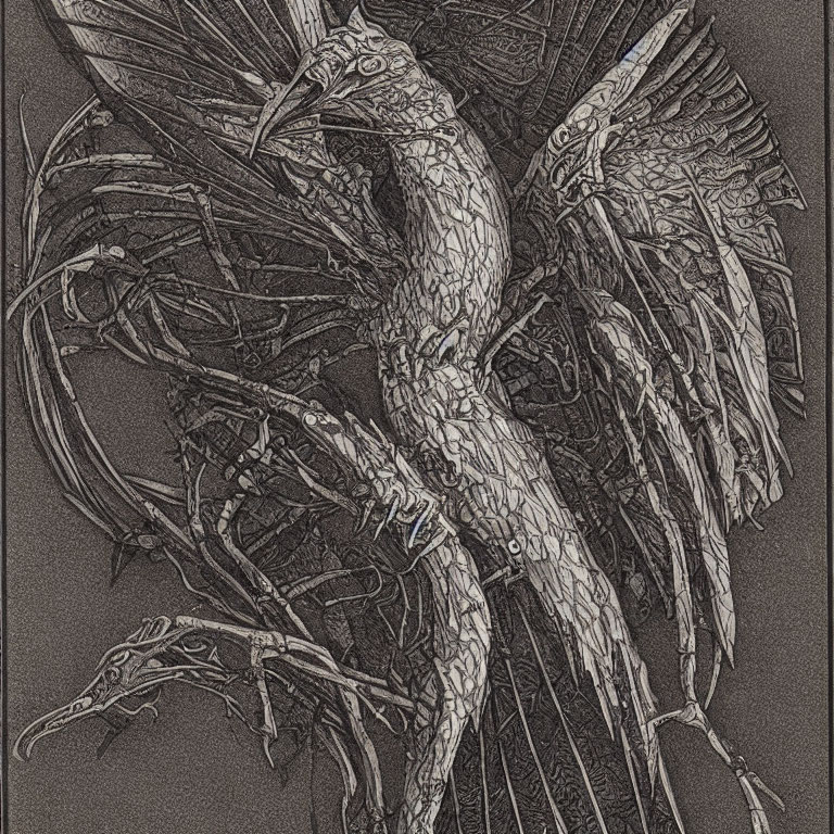 Detailed Monochrome Steampunk Mechanical Bird Illustration