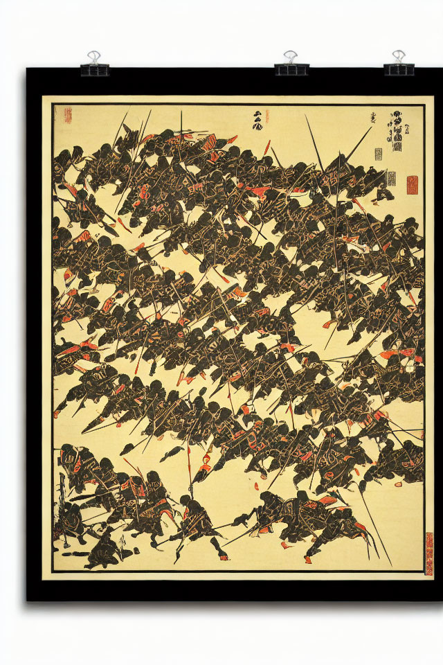 Japanese Woodblock Print: Samurai Battle Scene with Warriors on Horseback