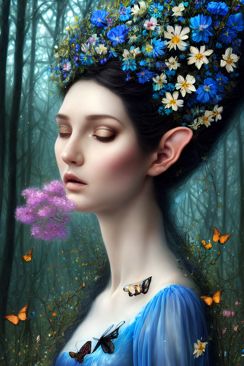 Portrait of woman with pointed ears, floral crown, butterflies, and pink mist