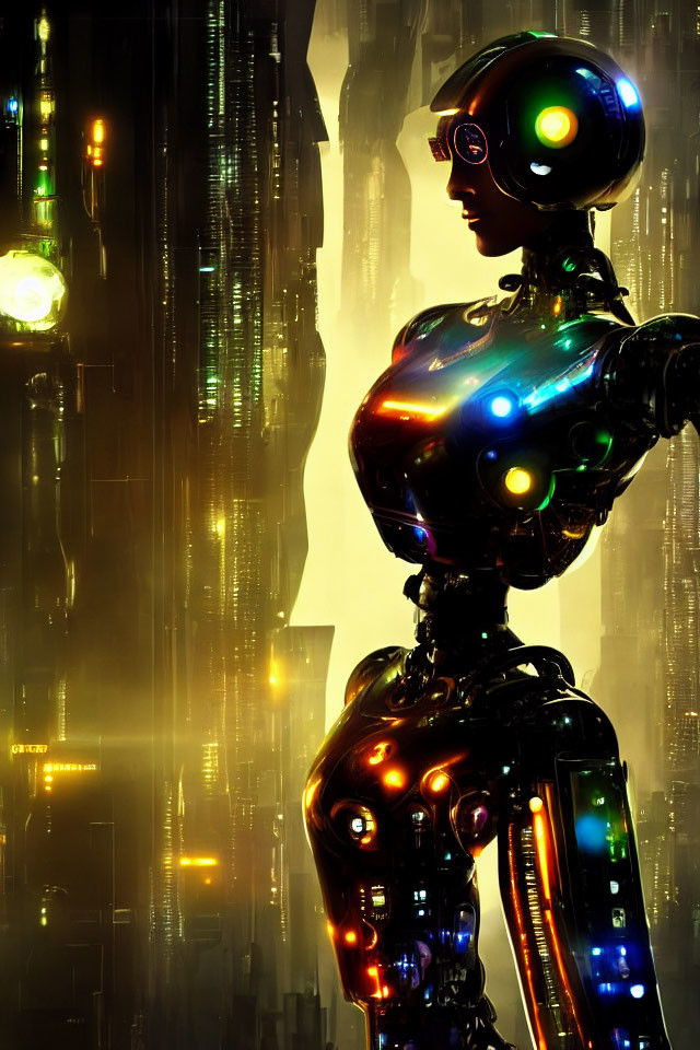 Futuristic robot with illuminated circuitry in urban night scene