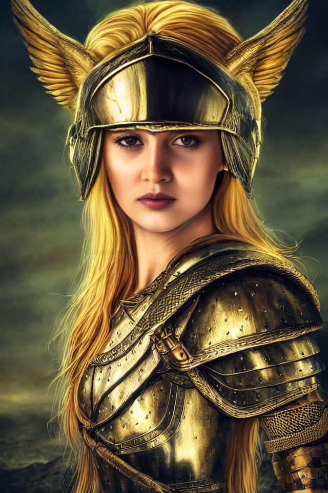 Blonde woman in golden armor with intense gaze