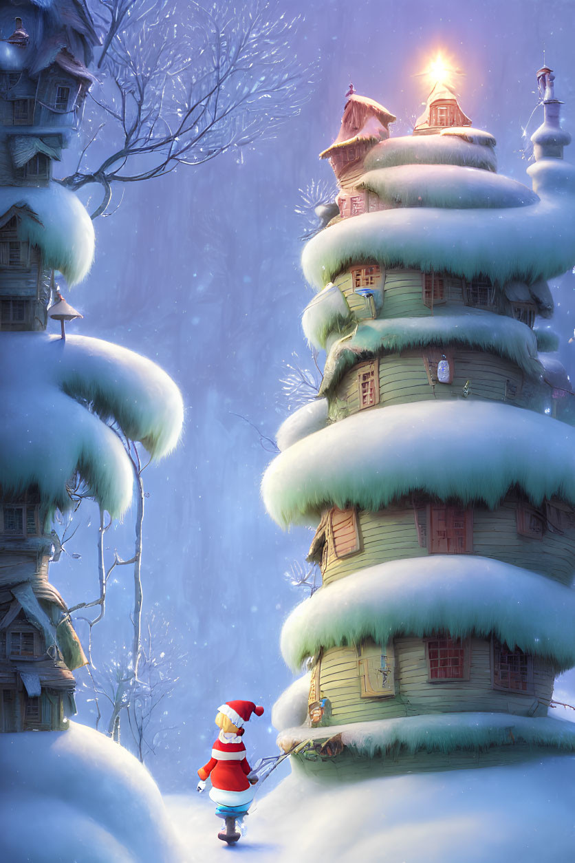 Snow-covered treehouses with Santa Claus in winter scene