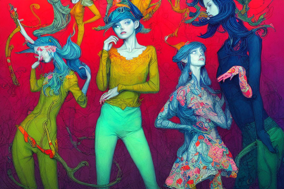 Colorful Stylized Female Figures on Vibrant Background