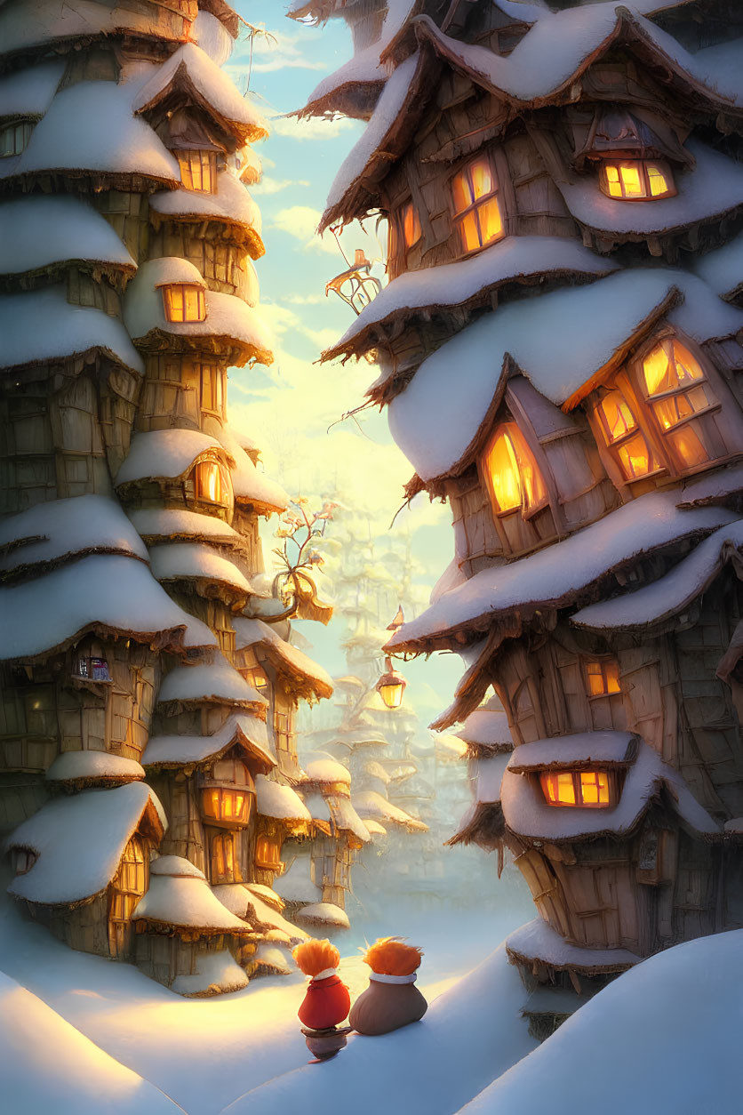 Snow-covered wooden towers under warm winter twilight glow