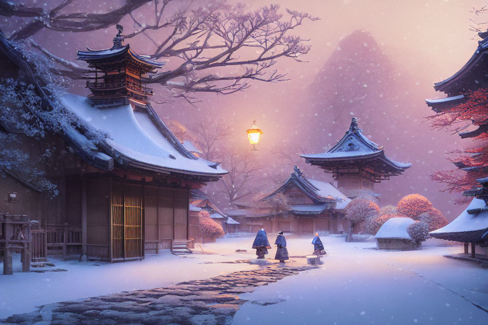 Snow-covered Japanese scene at twilight with lantern and figures in kimonos.