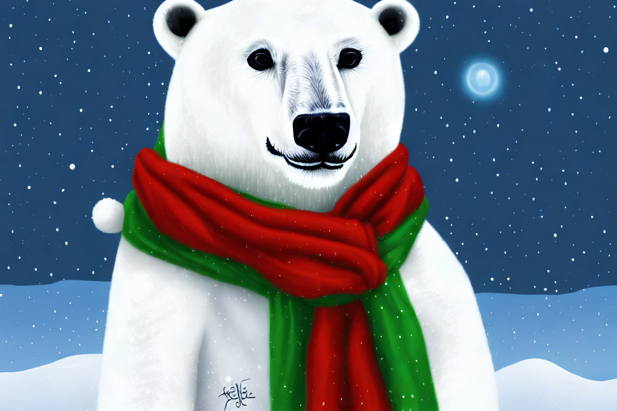 Polar bear in red and green scarf on snowy background
